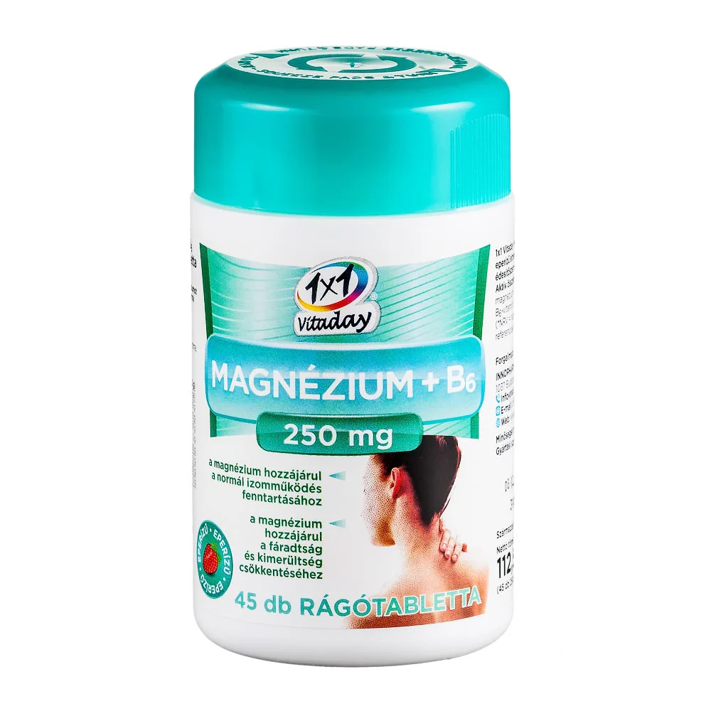 VitaPlus 1x1 Vitaday Magnézium 250mg+B6 vitamin rágótabletta eper ízű 45 db - Image 2
